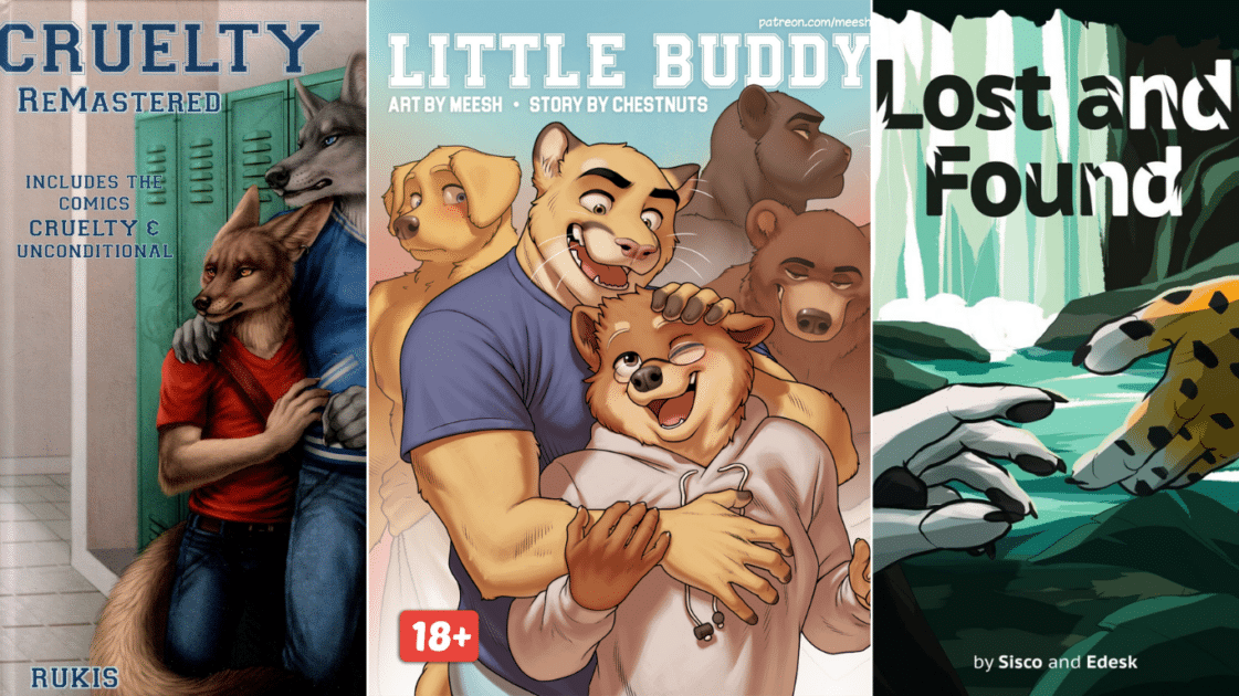 Image of three different types of gay furry comics