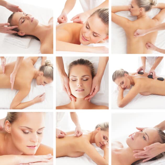 a picture of women having different types of massage in collage