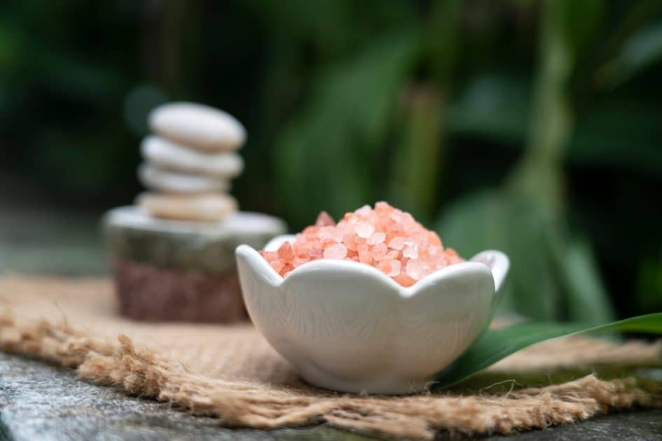 Himalayan pink salt in a white ceramic bowl