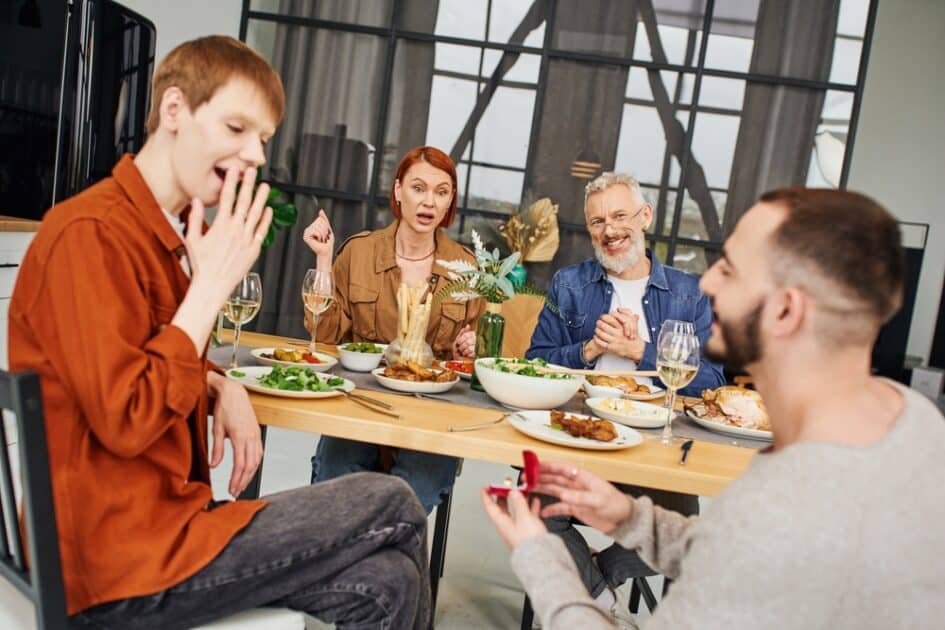 a LGBTQ having a lunch proposal with the family