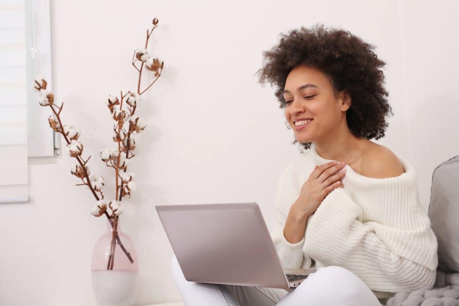 woman having talking in laptop